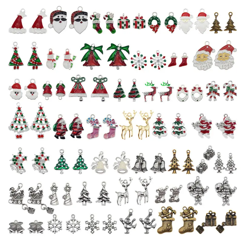 Julie Wang 10PCS Christmas Charms Random Mixed Enamel And Alloy Santa Claus Tree Bell Hat Pendant Jewelry Making Accessory