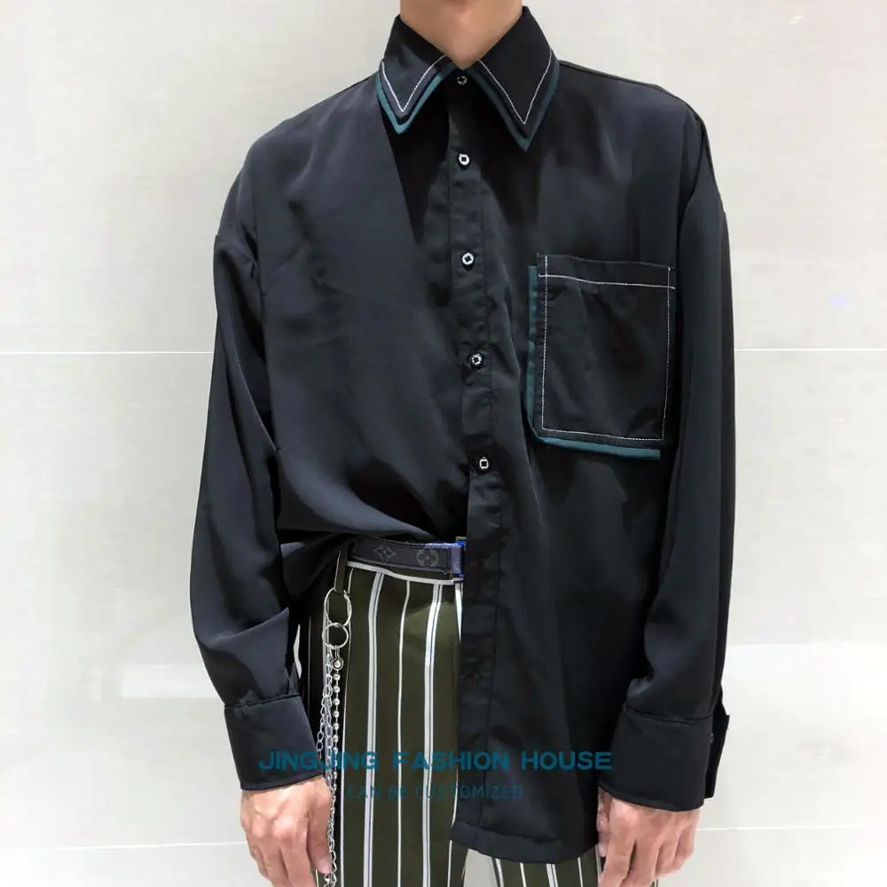 

S-6XL!!2020 Men's black double tiered collared patchwork large pocket long-sleeved shirt loose non-korean version plus size fat