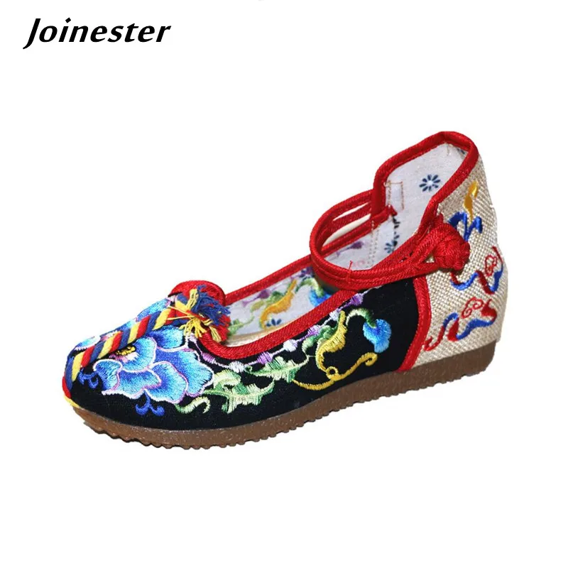 

Floral Embroidered Canvas Pumps for Women Round Toe Ethnic Mary Jane Wedge Shoes Female Ankle Strap Sandals Summer Dress Shoe