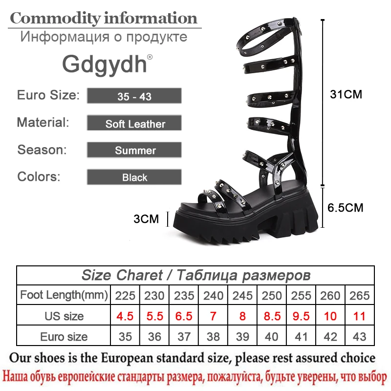 Gdgydh Street Style Roman Knee High Gladiator Sandals Women Rivet Platform Chunky Heels Punk Rock Gothic Shoes Zipper Comfort