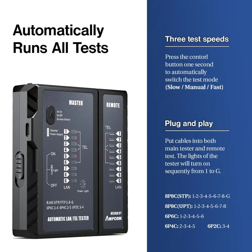 Testador de cabos de rede AMPCOM, ferramenta de teste para fios de telefone e cabos LAN, ferramenta de reparo de cabos de rede Ethernet para