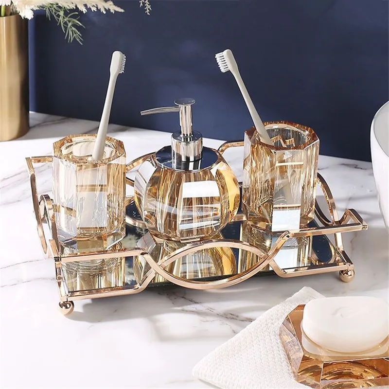 Bathroom Accessories Set Crystal Glass Soap Dispenser & Dish Gargle Cup Cotton Swab Box Tray Wedding Gifts Birthady Presents