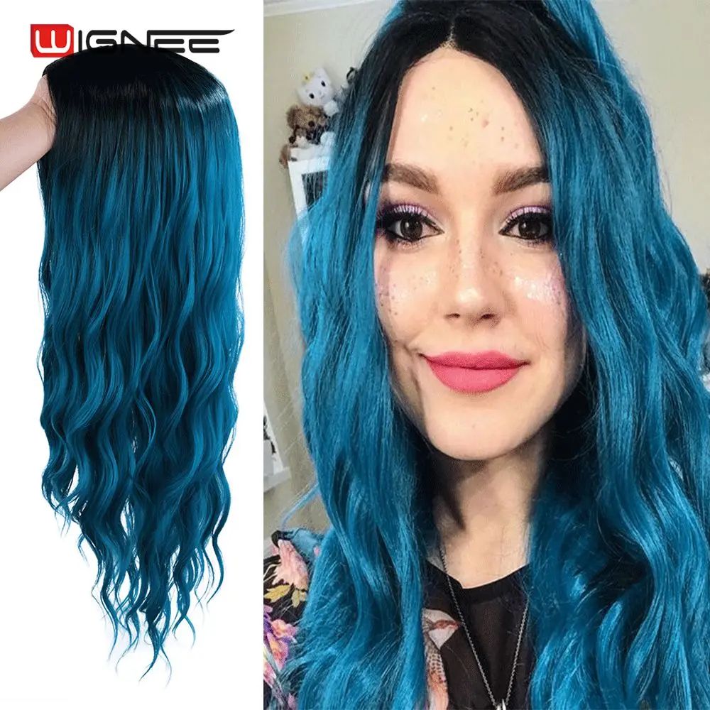 Wignee Lange Golvende Blauwe Fiber Synthetische Pruiken Midden Deel Hittebestendige Voor Vrouwen Natuurlijke Haar Dagelijkse/Party/Cosplay party