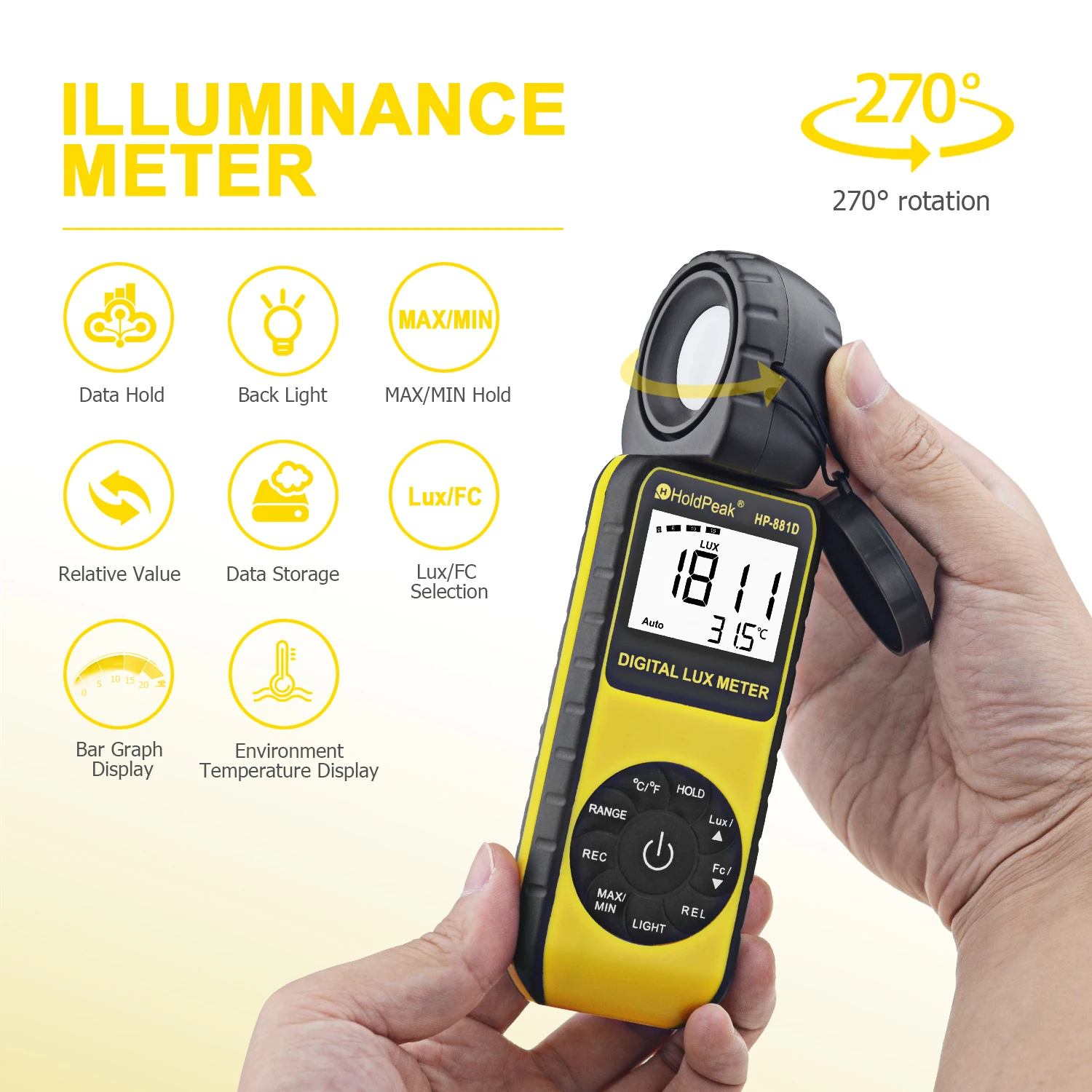 HoldPeak HP-881D Light Meter 400,000 LUX Digital Luxmeter Luminance Lux Fc Test Max Min Handheld Type Illuminometers Photometer