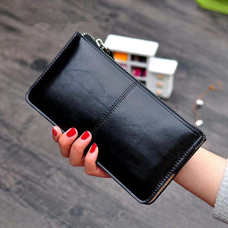 Vintage Women's Oil Wax Leather Zipper Clutch Wallet Ladies Wristband Simple Card Holder Female Large Capacity Coin Purse Wallet