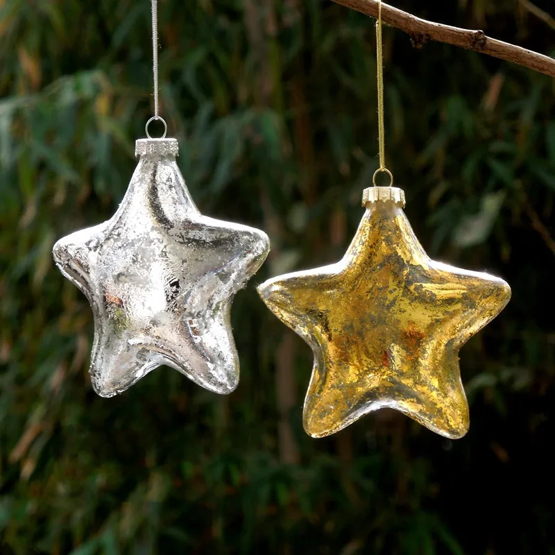 9pcs/pack Glass Star Pendant Home Decoration Silver Gold Sheet Christmas Tree Top Hanger Hanging Ornament