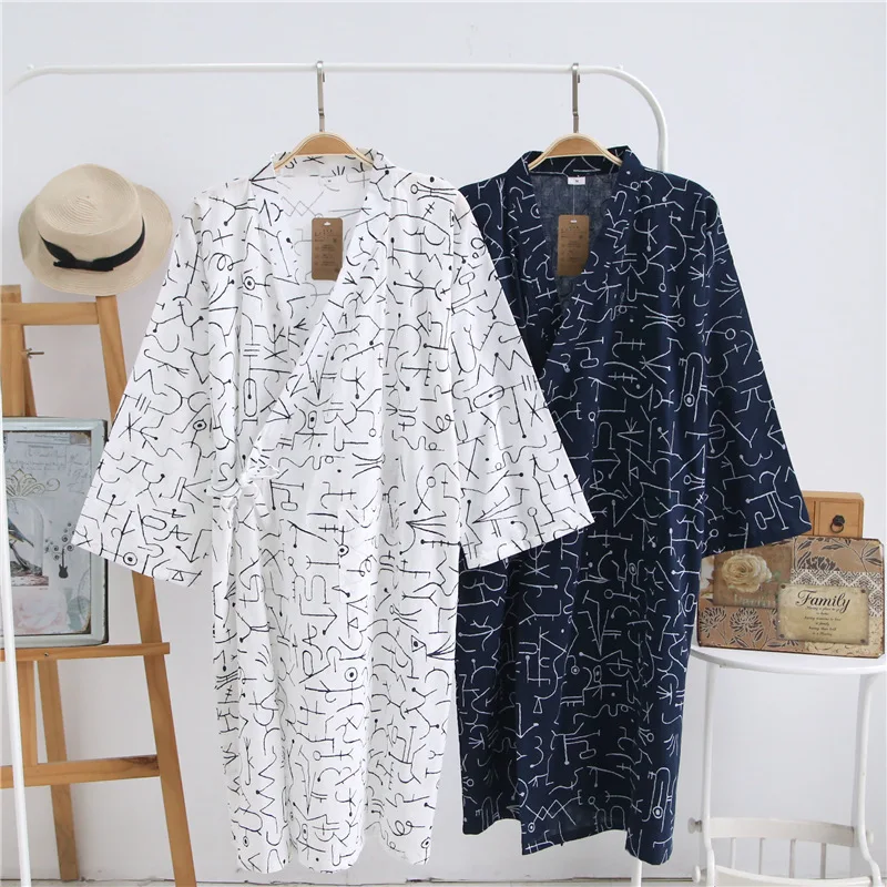 Summer Men\'s Robe 100% Cotton Gauze Leaf Loose Comfortable Leaves Kimono Robes home clothing nightly Bathrobes