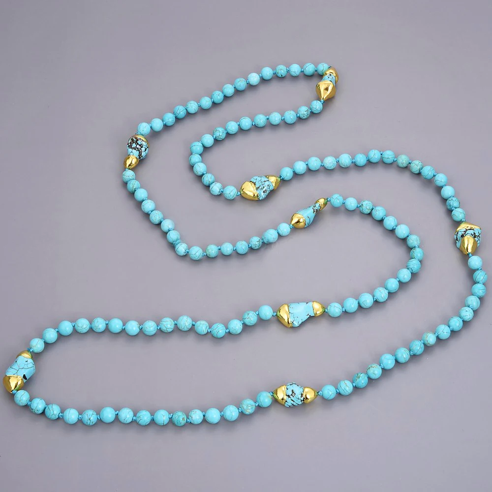 

52'' Blue Turquoise Yellow Gold Plated Freeform Turquoise Necklace