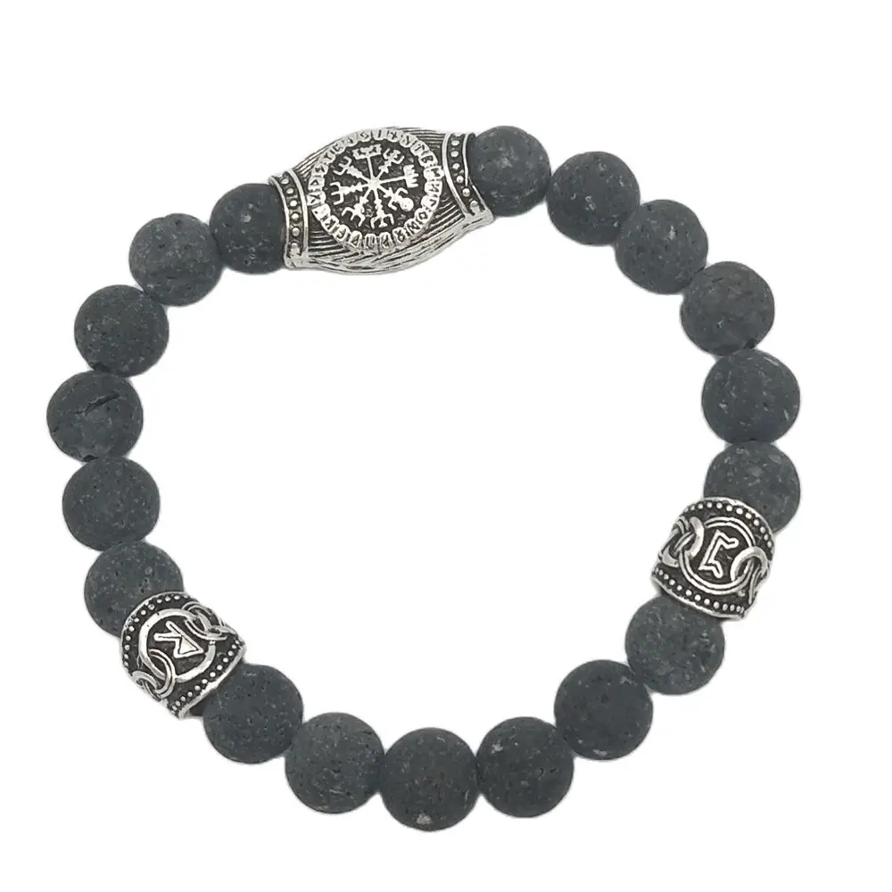 Men Black Lava Natural Volcanic Stone Bracelets Bangles Women Vinking Rune Vegvisir Compass Beads Jewelry Handmade