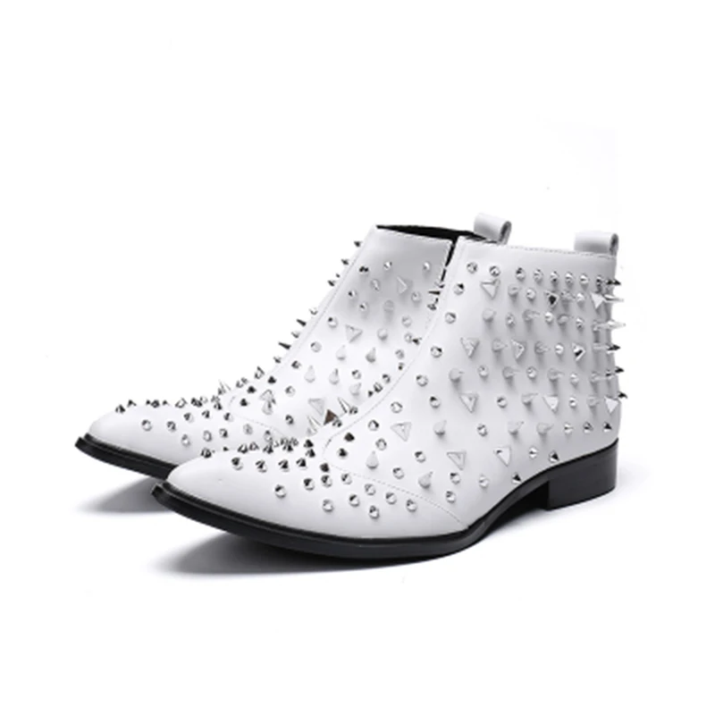 

Classic fashion white studded ankle boots men rivets zipper pointed toe botas militares genuine leather army chelsea boots men