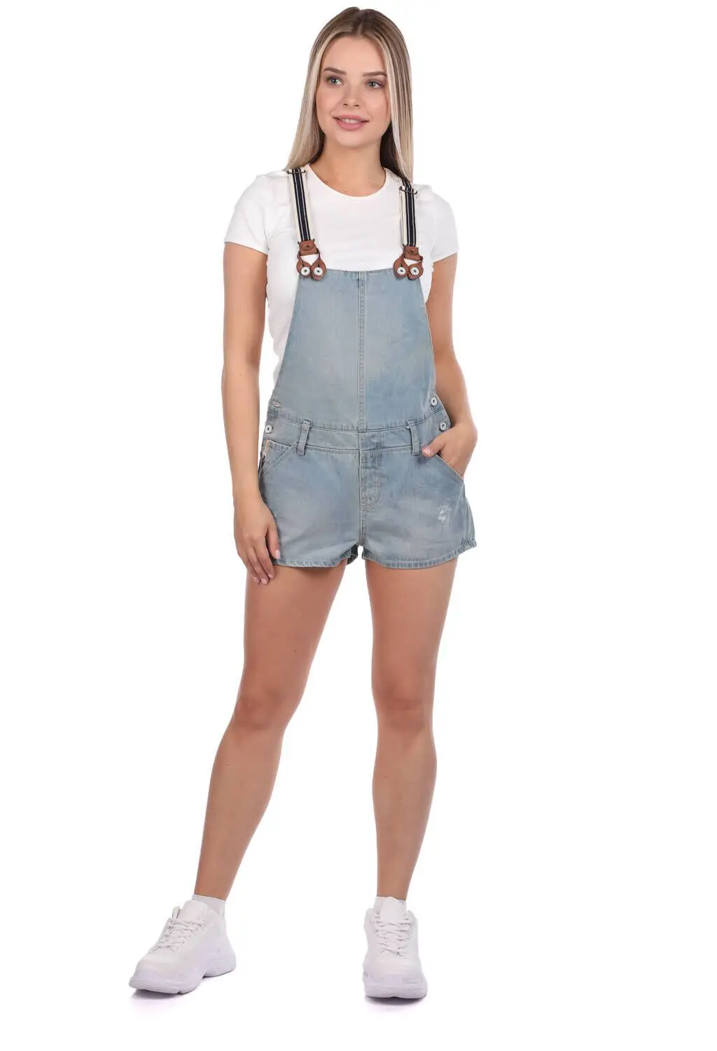 Blue White Women Mini Jean Jumpsuit Shorts