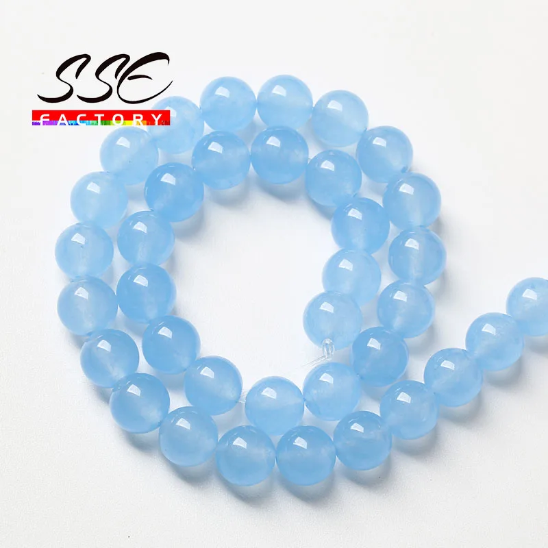 Natural Aquamarine Blue Jades Beads For Jewelry Making Round Loose Beads DIY Bracelet Necklace Accessories 4 6 8 10 12 14mm 15\'\'