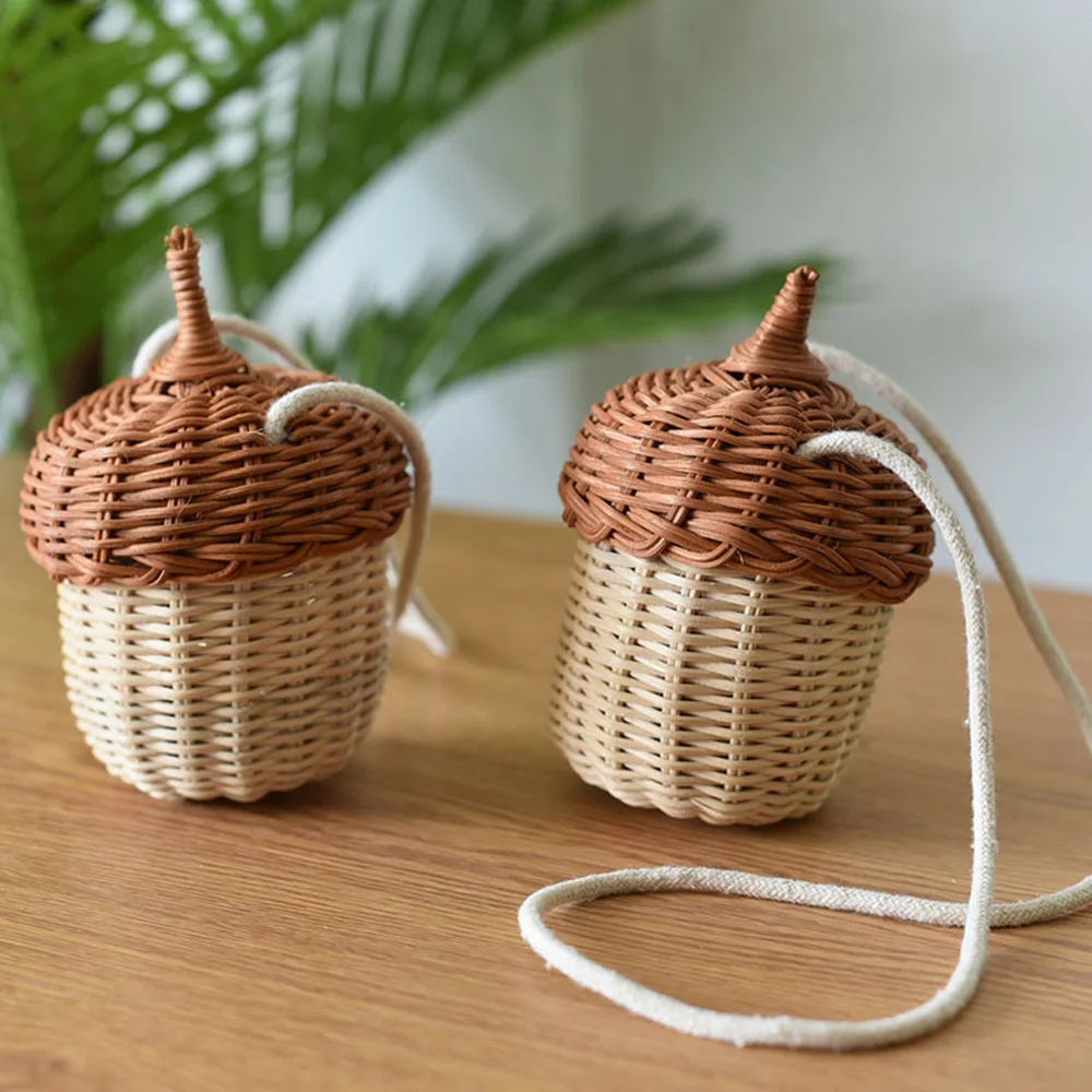 Acorn Shape Storage Basket Handwoven Round Rattan Bag Bucket Tropical Beach Style Woven Shoulder Bag Photo Props