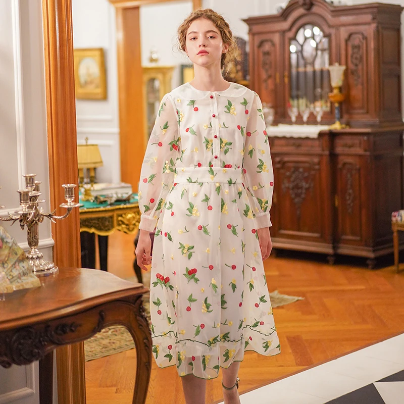 

Summer Women Spring Vintage Elegant Slim White Long Ladies Sweet Luxury Cherry Exquisite Embroidery Casual Formal Dress