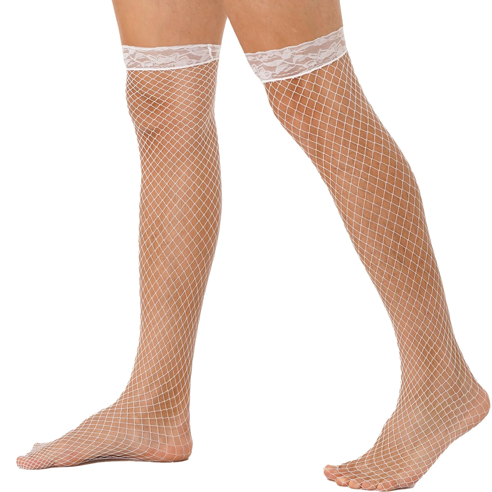 

Men See-through Fishnet Thigh-highs Stockings Lace Trimming Hollow Out Mesh Hosiery Thigh-highs Socks