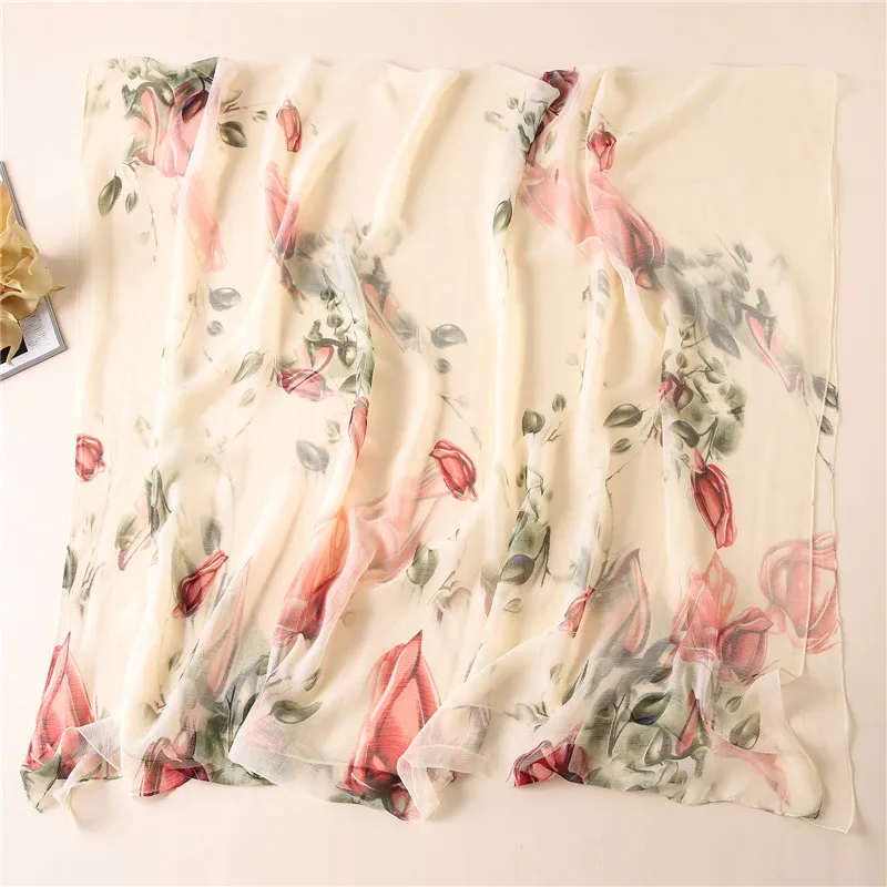 2020 new Women Flower Printed Silk Scarf Sheer Beach Sun Protective Pashmina Female Out Door Wraps Shawl Plus size 180cm 145cm