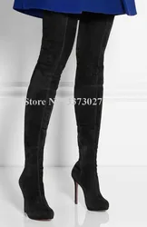 Black Suede Elastic Thigh High Boots Fashion European Street Style Thin Heel Large Size Over the Knee Long Boots Female Boots