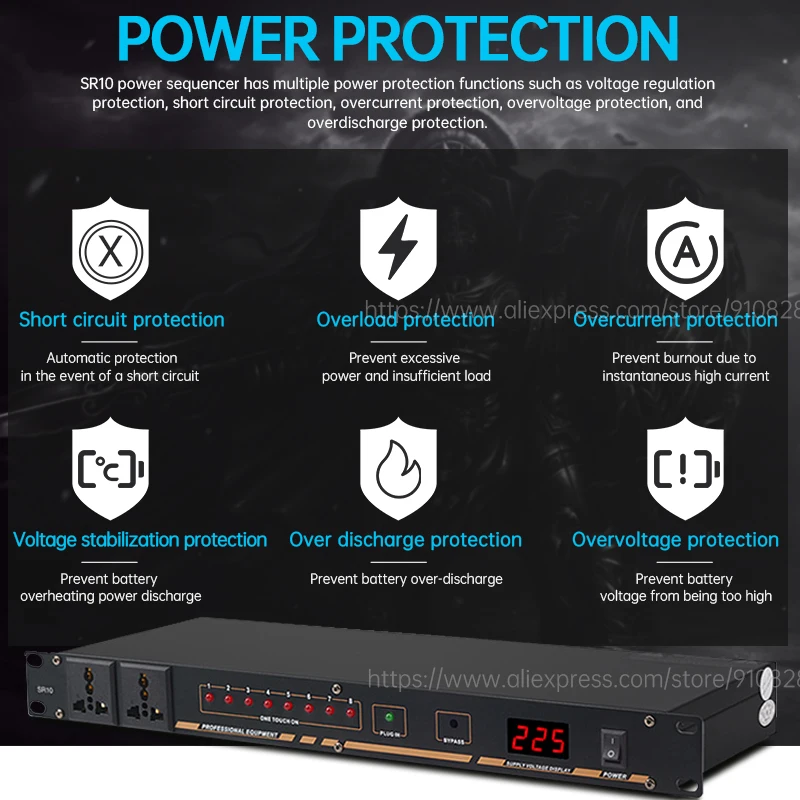 SR10 profissional 10 canais amplificador poder sequenciador controlador para DJ equipamento profissional som sistema Powersupply