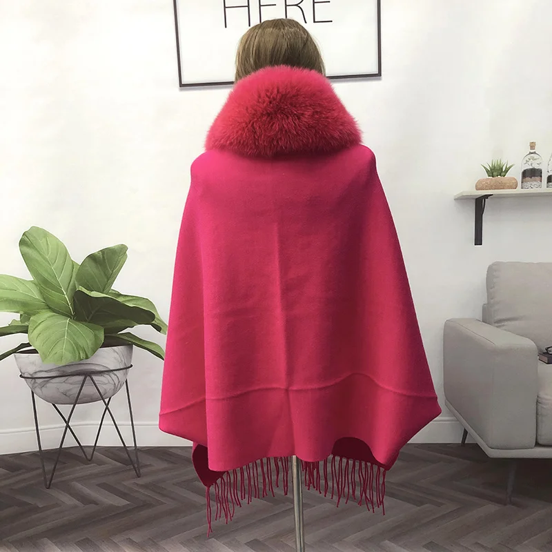 Zima dzianiny norek Pashmina Poncho kobiety z długim rękawem kołnierz z futra lisa pomponem szalik prawdziwe futro Femme sweter Vintage płaszcz