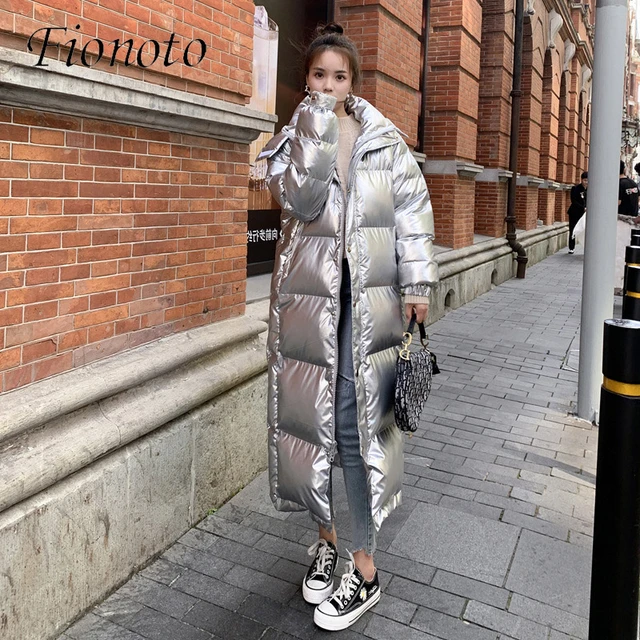 Long silver puffer coat sale