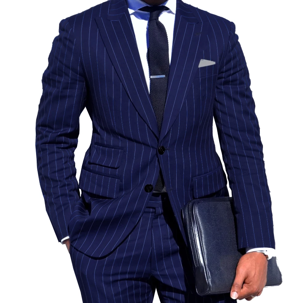 Mens Chalk Stripe Suit Custom Made Light Navy Blue Mens Striped Suit With Ticket Pocket,Tailored Single Breasted Suit Peak Lapel