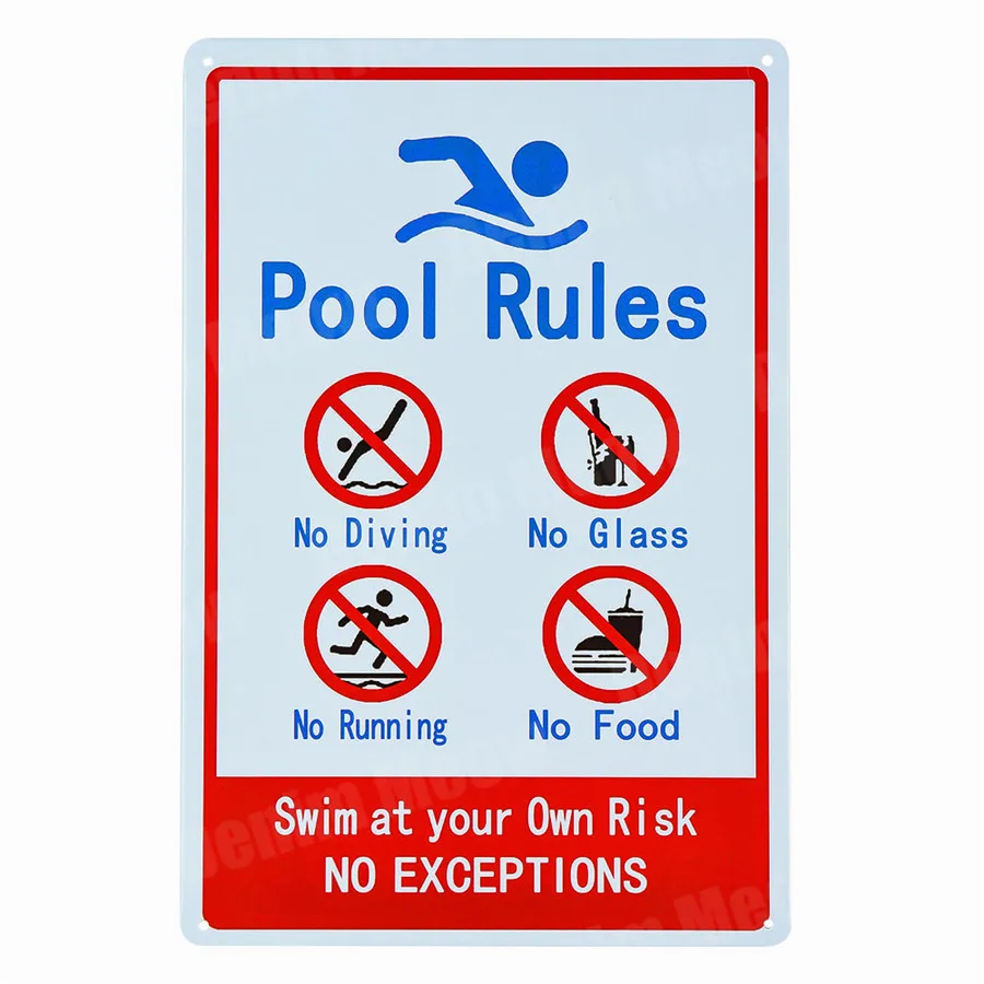 Pool Rules Signs No Diving No Running No Food No Glass Metal Tin Signs Warning Sign Easy Mounting Indoor Or Outdoor Use ZSS9
