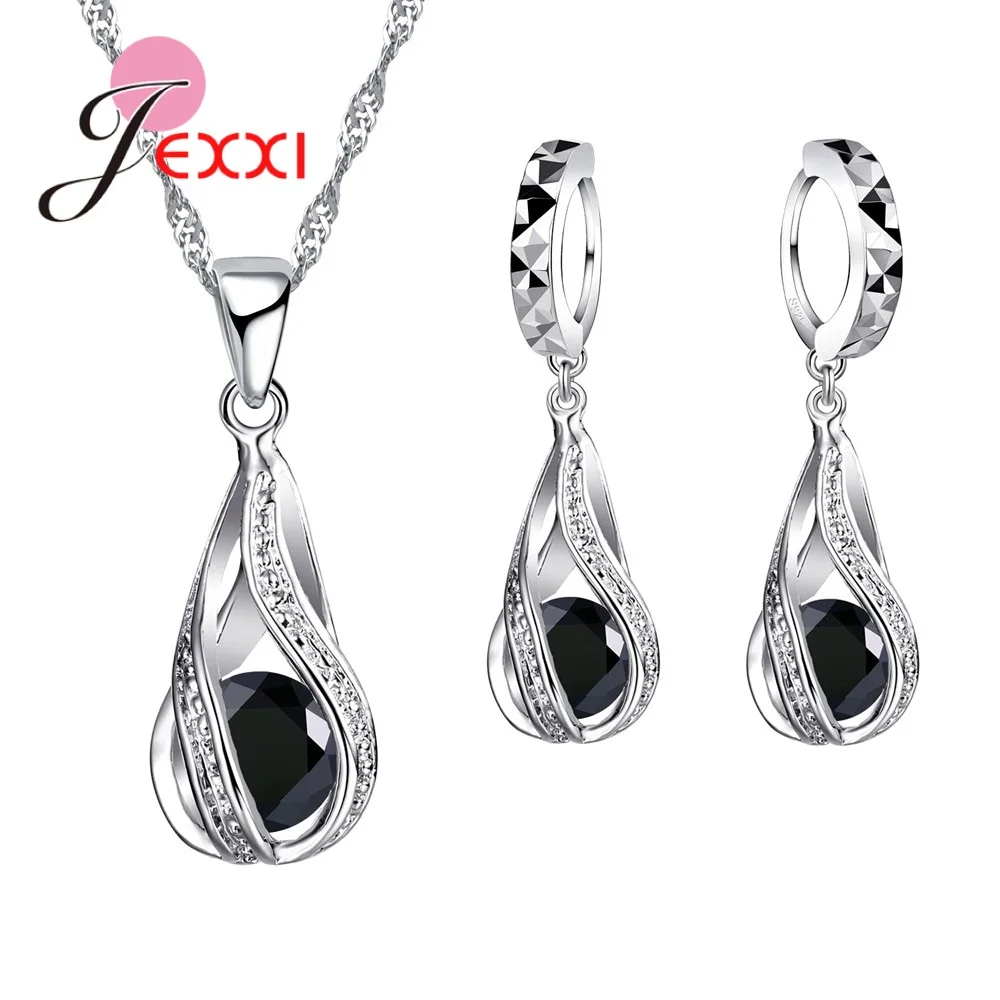 925 Sterling Silver Necklace Pendant Earrings Fashion Spiral Shaped White Crystal Jewelry Sets For Wholesale