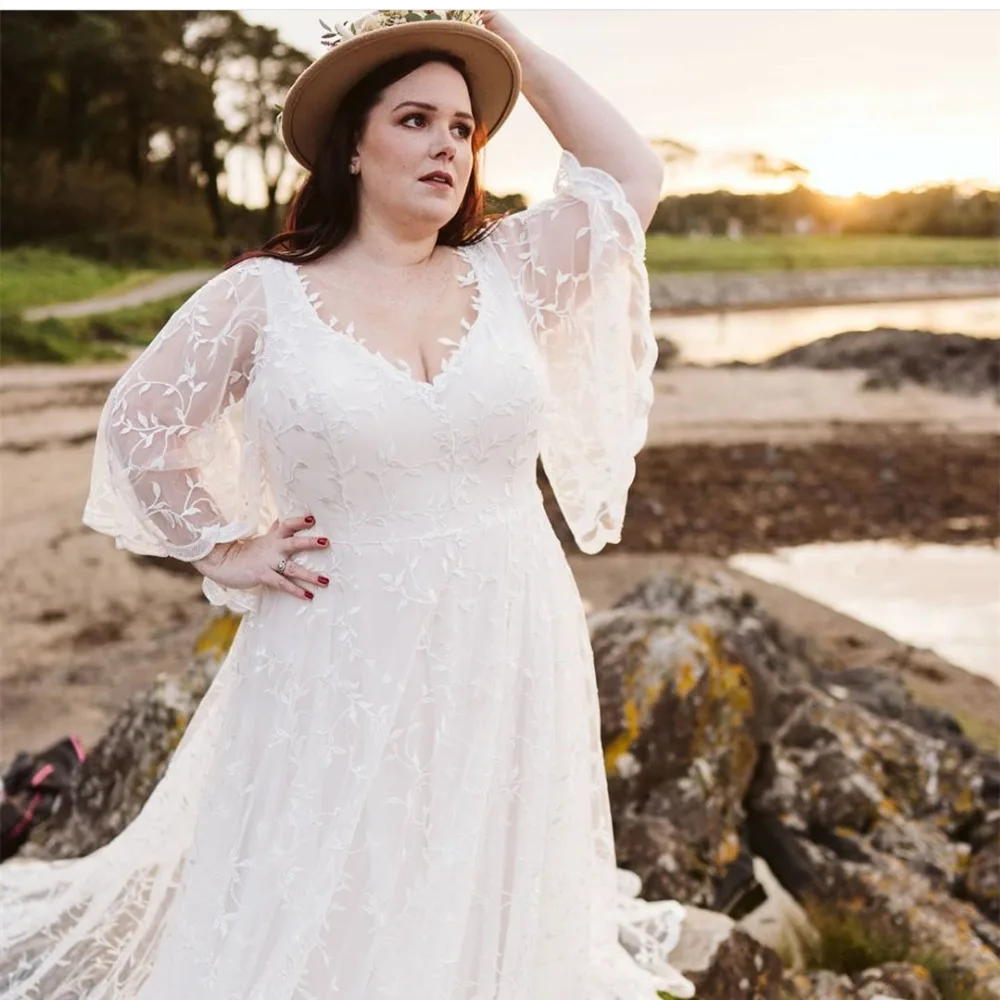 Robe de mariée style bohème, tenue de plage, grande taille, manches évasées, ligne A, patients, quelle que soit la longueur au sol, printemps été 2024