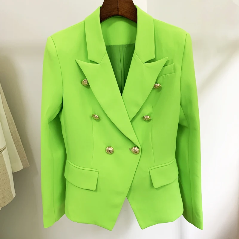 High Quality Newest Nice Designer Jacket Women's Classic Lion Buttons Double Breasted Slim Fitting Blazer Fluorescence Green