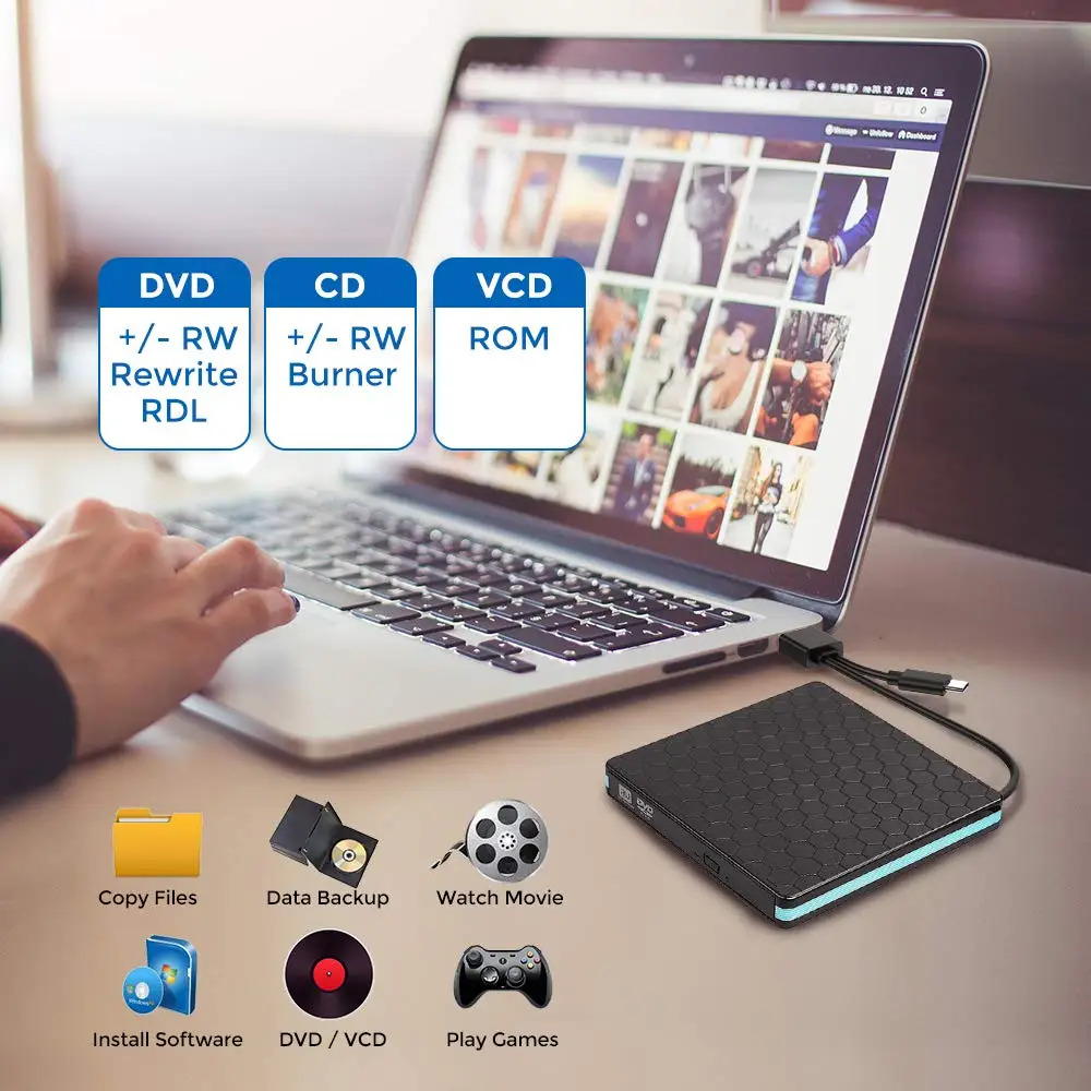 Universal External CD Drive USB 3.0& Type-C External DVD/CD/ VCD Burner /Reader/Writer Drive Player Optical Drive for Mac/PC