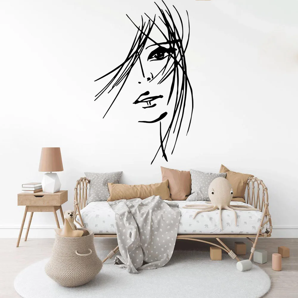 Large Hairdressing Beauty Hair Salon Woman Wall Decal Girl Room Makeup Girl Minimalist Line Wall Sticker  Home Decor