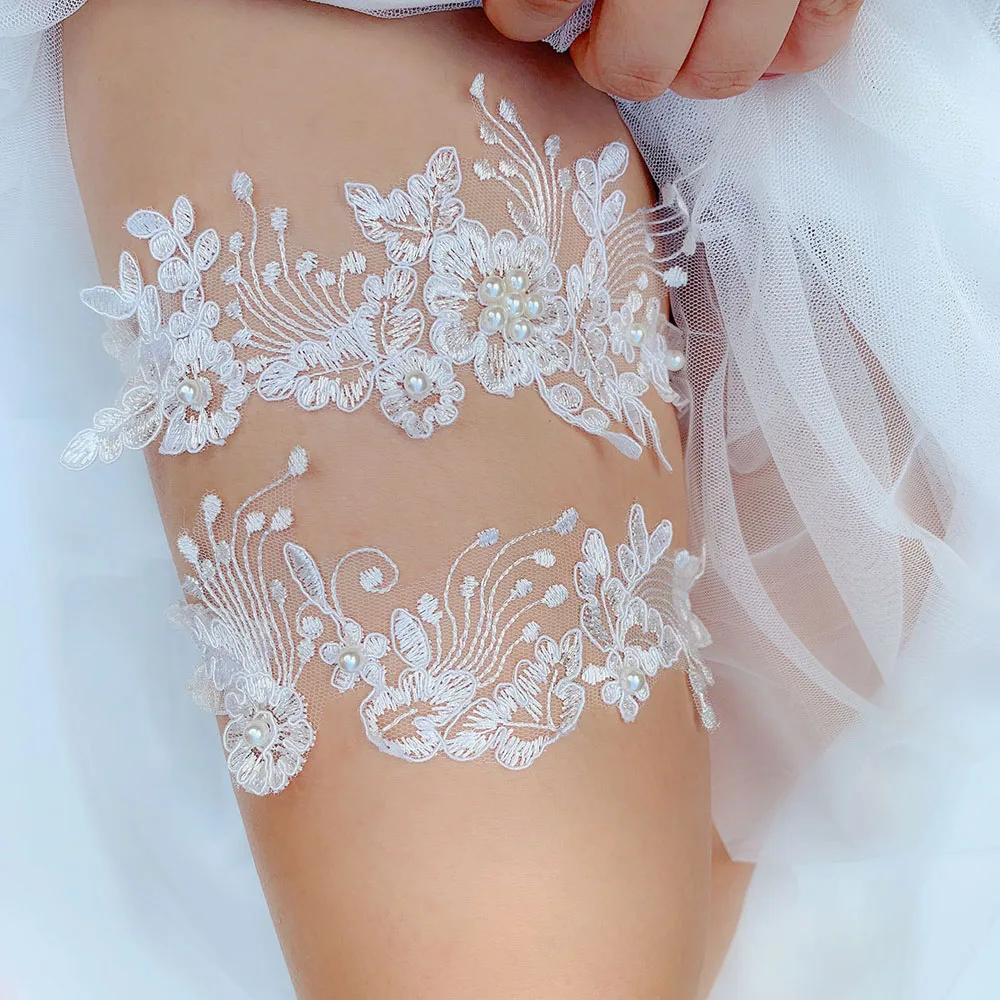 K03 2 PCS Sexy Lace Flower Crystal  Pearls Wedding Garter Belt Thigh Ring Bridal Leg Garter Stocking Garter Belt Girl Women