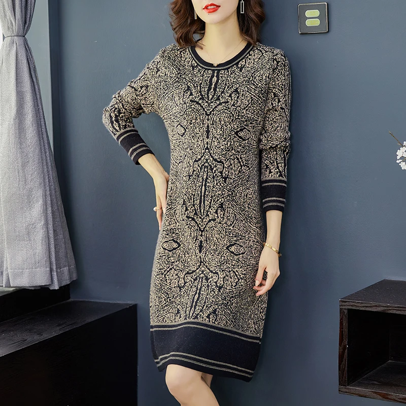 2024 Casual Knitting Jacquard O-Neck Sweater Midi Dress Autumn Winter Vintage Long Sleeve Dresses Women Elegant Bodycon Vestidos