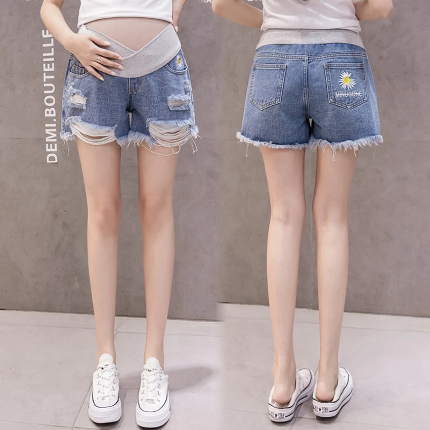 Pregnant women's denim shorts loose ultra-thin outer wear summer A-line wide-leg little daisy stomach lift pants