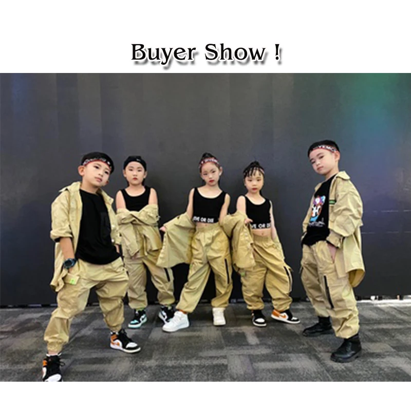 Children Hip Hop Costume Boys Khaki Suit Loose Long SLeeves Street Dancing Shirt Pants Girls Jazz Performance Clothes VDB2715