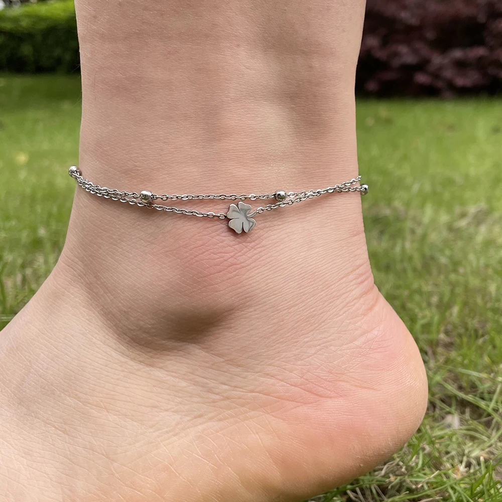 Cazador Clover Cross Double Chain Leg Ankle Bracelet Heart Anklet Stainless Steel Barefoot Chain Jewelry Women Bridesmaid Gifts