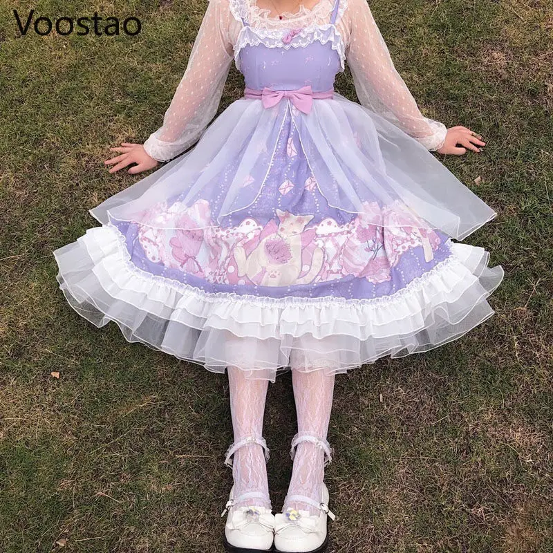 Japanese Sweet Lolita Dress Soft Girl Cute Cartoon Cat Print Jsk Lolita Dress Women Harajuku Chic Lace Tulle Bow Tea Party Dress