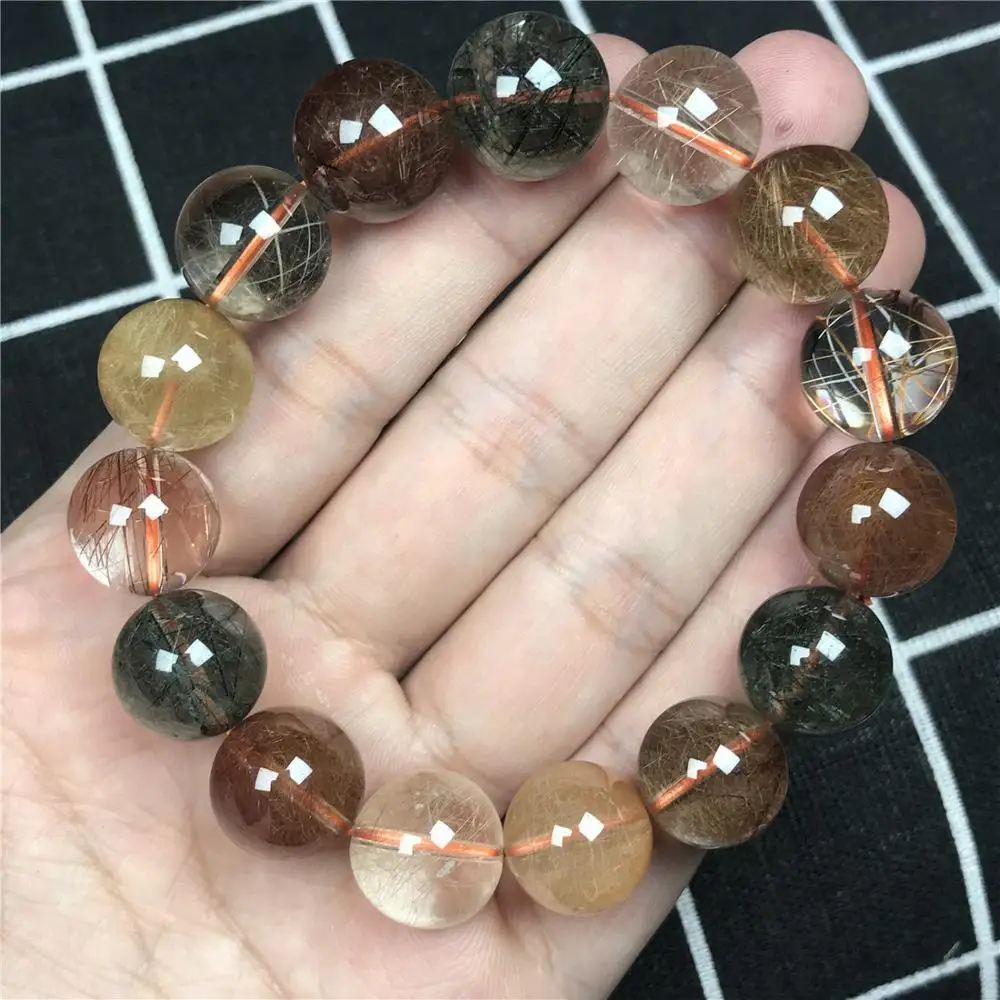 

13mm Natural Rutilated Bracelet Jewelry For Women Men Crystal Gift Round Colorful Beads Rare Wealth Gemstone From Brazil AAAAA