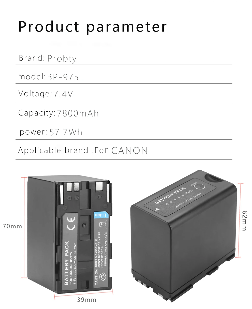 7800mAh BP-975 BP 975 BP-945 akumulator do aparatów Canon EOS C100,EOS C100 Mark II, EOS C300, EOS C300 PL, GL2, XF100, XF105