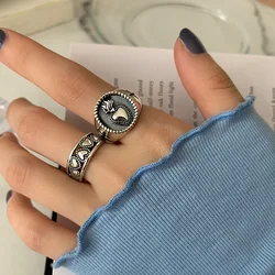 QMCCOSilver Color Vintage Heart Shape Hollow Out Adjustable Thai Silver Ring Women Fashion Personality Daily Accessories Jewelry