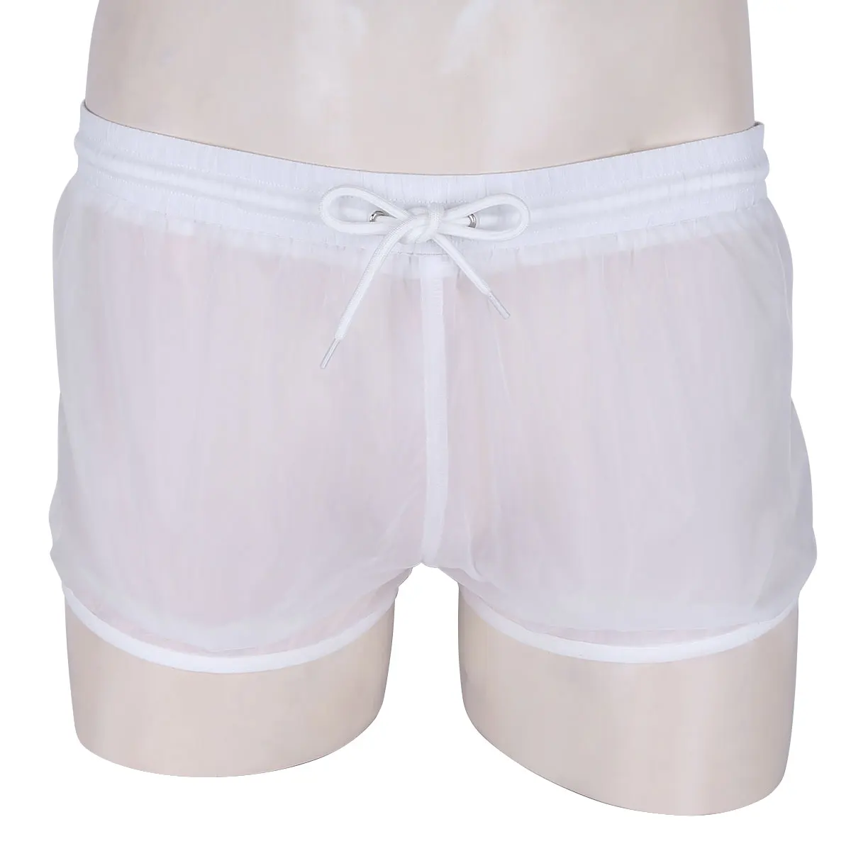 Shorts boxer transparentes para homens, malha transparente com cordão, roupa íntima para natação