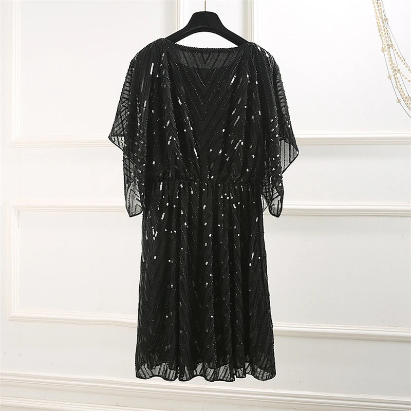 Vintage A-line Geometric Short Sleeve Fashion Elegant Beading White Black Women Cocktail Party Club Sequin Chiffon Dress 2802