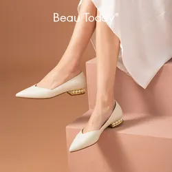 BeauToday Flats Women Sheepskin Leather Elegant Pointed Toe Slip-on Pearl Decoration Chic Female Shallow Shoes Handmade 18098