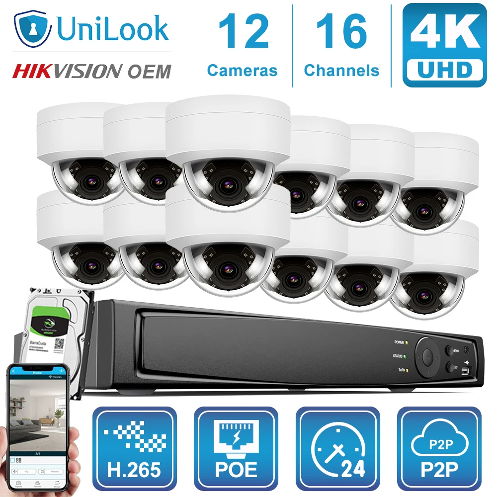 UnILook 16CH NVR 8/10/12/16Pcs 4K 8MP POE IP Camera NVR Customized System Kit Audio Night Vision H.265 P2P View OEM