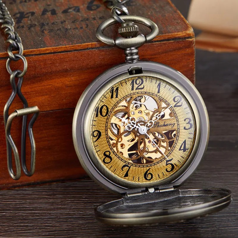 Vintage Wood Circle Carved Mechanical Pocket Watch  Men Unique Hollow Steampunk Skeleton Number Dial  Mechanical Watches Chain