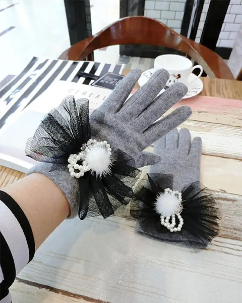 Women's Autumn and Winter Cashmere Gloves Korean Fashion Touch Screen Gloves Women's Net Yarn Pearl Bow Finger Gloves