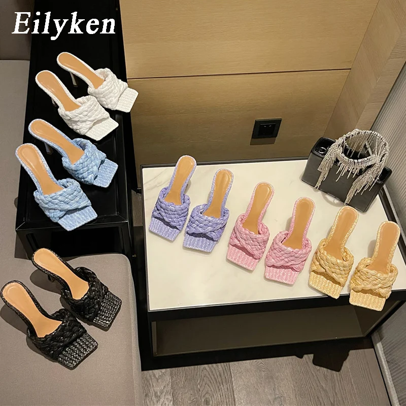 Eilyken 2024 New Summer Slipper Fashion Weave Slides Ladies Elegant Thin High Heel Outdoor Women Sandals Shoes Plus Size 40