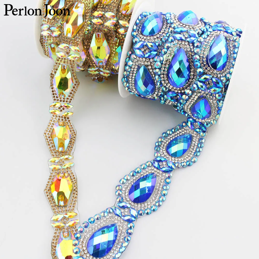 1yard gold AB blue AB crystal rhinestone trim DIY big rhinestone ribbon ironing dress shoes bags decoration accessories