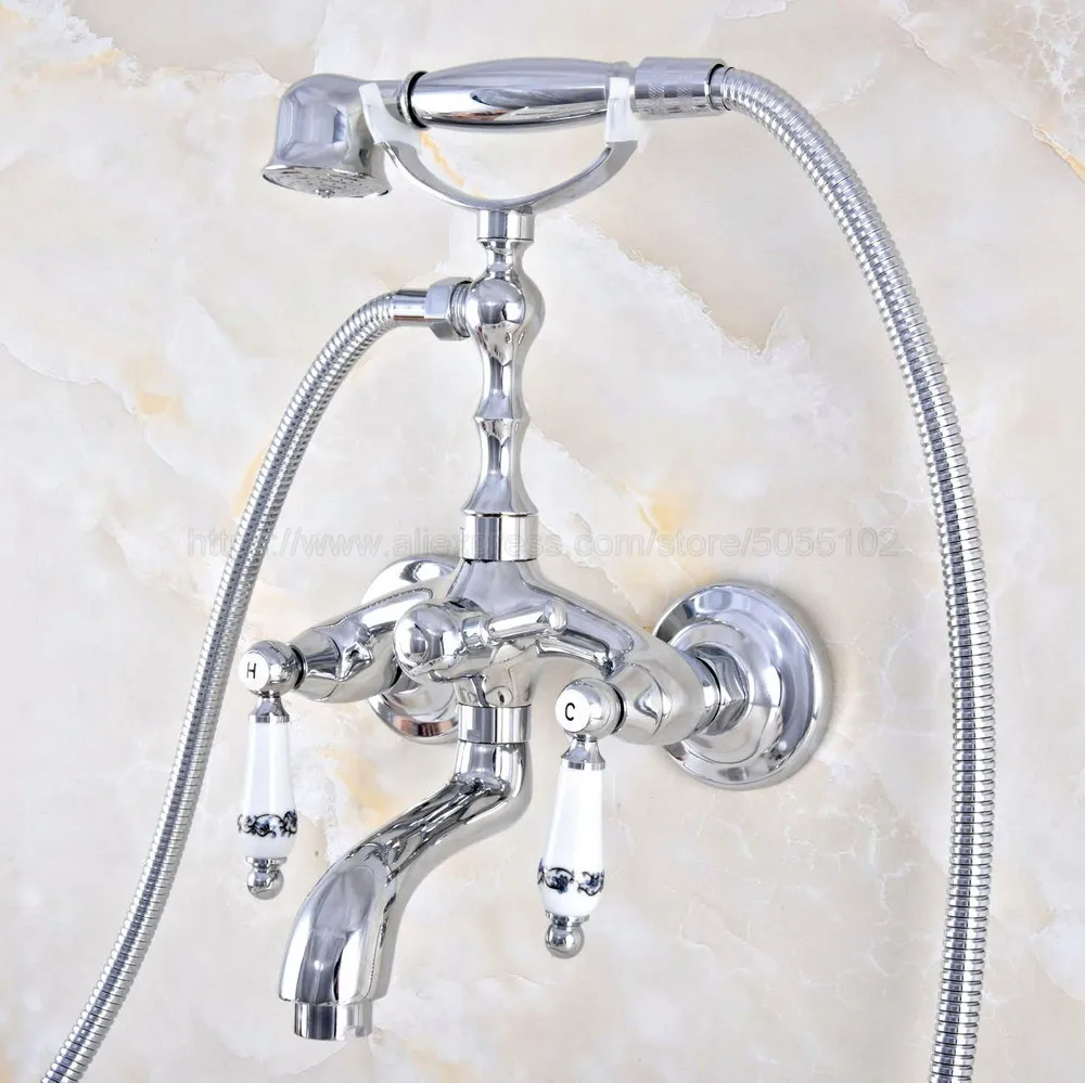 

Polished Chrome Bathtub Shower Faucets Set Hot & Cold Bath Shower Mixer Taps With Handheld Wall Mounted Dual Handle ztf849