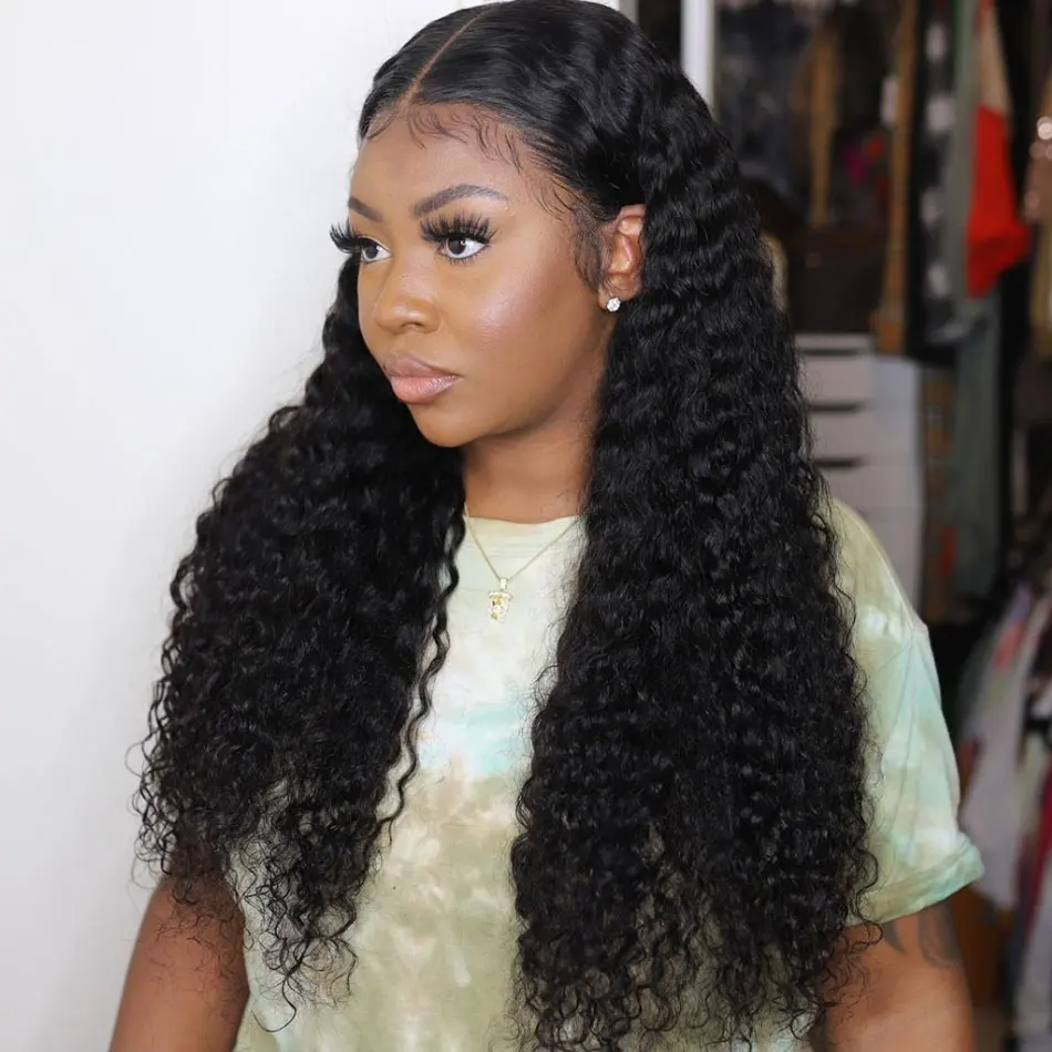 

4X4 Lace Closure Wig Remy Brazilian Deep Wave Wig T Part Lace Front Human Hair Wigs For Girls Curly Lace Wig PrePlucked Hairline